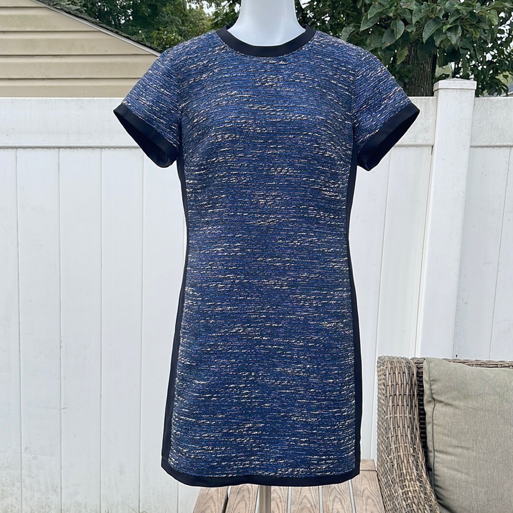 GUC Madewell Shimmer Weave Blue Metallic Black Panel Tweed Shift Dress Size 6